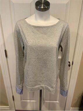 J Crew Light Gray Long Sleeve Pullover with Blue Striped Cuff Detail - Small